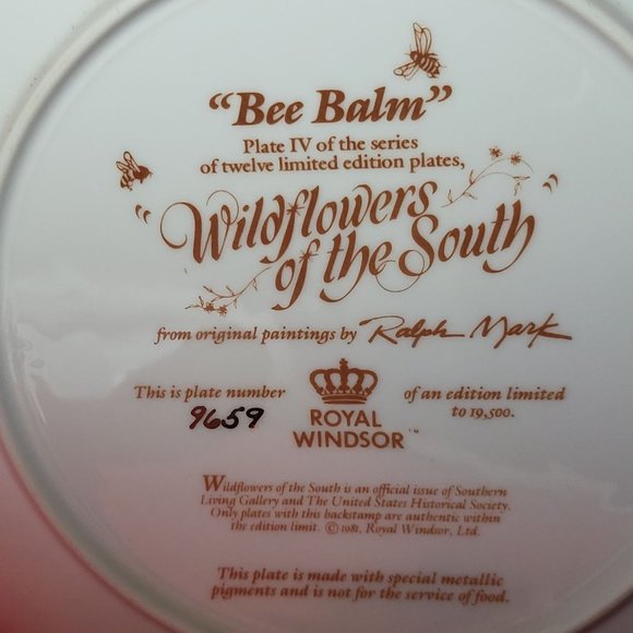VTG Decorative Plate Royal Windsor Bee Balm Wildflowers of the South Gold Trim - Picture 4 of 12